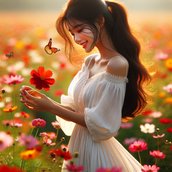 Blushing Blossoms: A Girl Embracing Nature’s Beauty